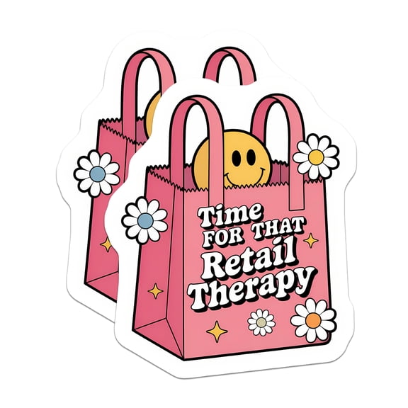 (2 Pack) Retail Therapy Stickers - Shopping Bag Smiley Face - Retro Daisy Groovy Decals - 5" On Longest Side - Sticks to Smooth Flat Surfaces - Made in USA - BMCS20714