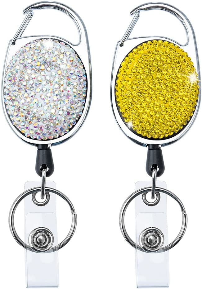 2 Pack Retractable Badge Reels Bling Rhinestones ID Badge Holder Reels with  Belt Clip and Key Ring, Retractable ID Card Holder for Office Nurse Teacher  Student (Gold& Fancy Silver) 