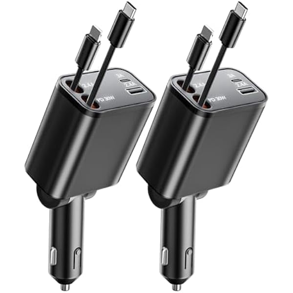 2 Pack Retractable Car Charger 4 in 1, 69W Fast Car Phone Charger with Cord 2.6ft, PD Retractable Cables and USB C Car Charger Adapter, Compatible with iPhone 16/15/14/13/12/11 Series, Galaxy, Pixel