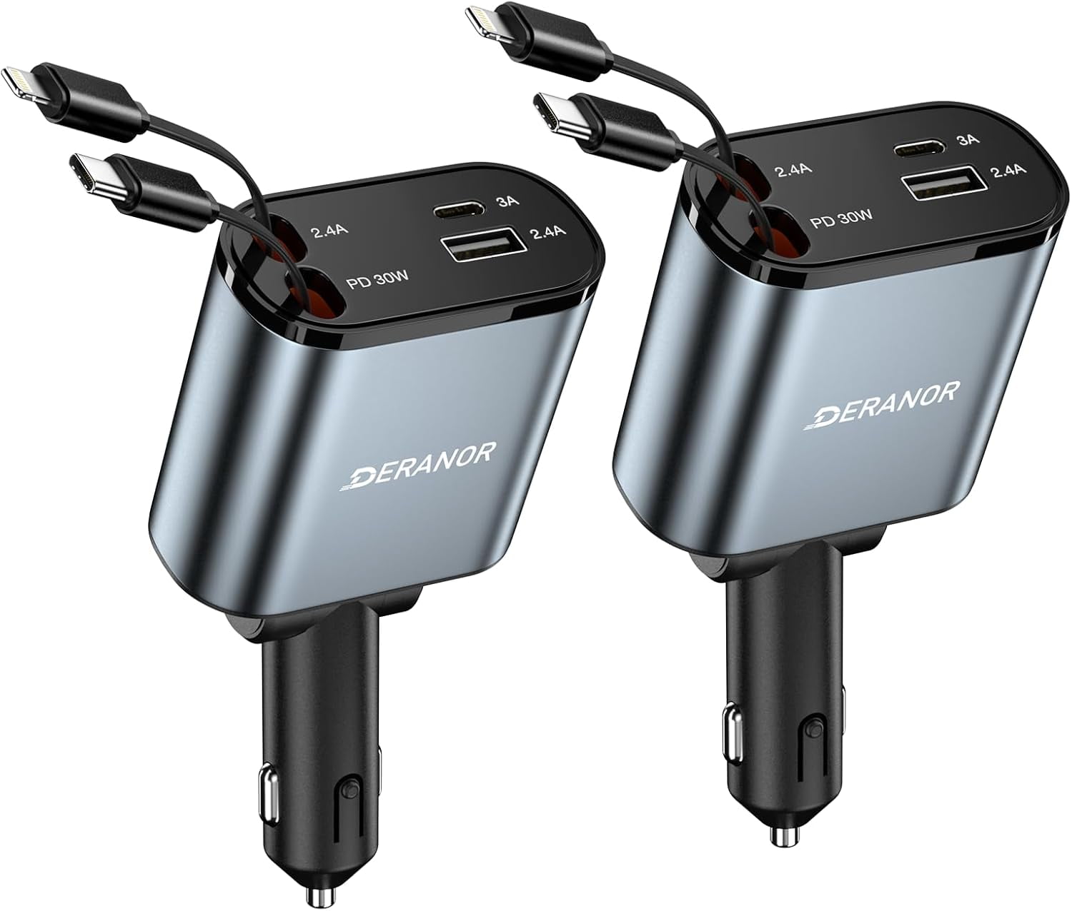 2 Pack Retractable Car Charger 4 in 1 Fast Car Phone Charger 69W, USB C Car Truck Accessories Adapter with 2X Retractable Charger Cords and 2X USB Ports for i Phone 17/16/15/14, for Samsung S25/S24