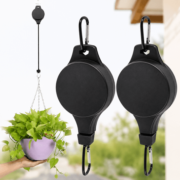 2 Pack Retractable Plant Pulley, Adjustable Pull Down Hanging Hook for Outdoor Garden, Heavy Duty Multi-Use Hanging Hardware for Flower Baskets, Hanging Plants & Bird Feeders