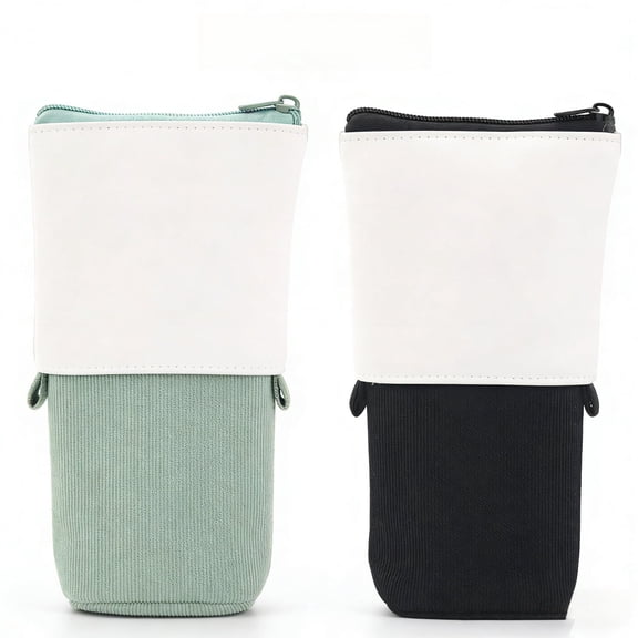 2 Pack Retractable Stand-Up Pencil Bag | PU Corduroy Pen Holder Desk Organizer for Office & Home | Black Green & Black Pink Options