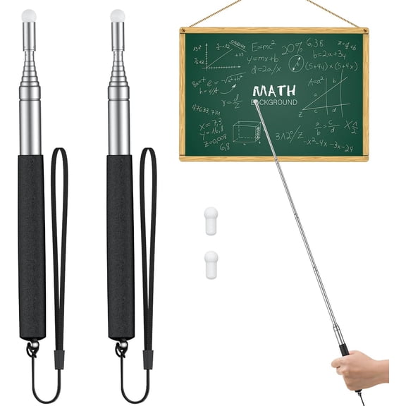 2 Pack Retractable Teacher Pointer Stick for Classroom Telescopic Whiteboard Pointer with Lanyards & Replacement Felt Heads Extendable Pointer for Teacher Coach Presenter Guide, up to 39.3"