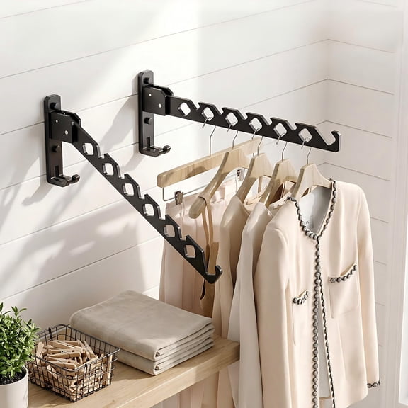 2-Pack Retractable Wall Mount Coat Hanger Holder & Folding Clothes Drying Rack, Black Aluminum Space Saver for Laundry Room, Bedroom & Entryway
