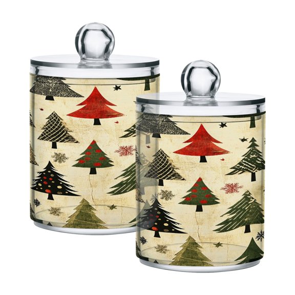 2 Pack Retro Christmas Trees Qtip Holder Dispenser Clear Plastic Storage Apothecary Jars for Cotton Swabs Balls Pads Floss