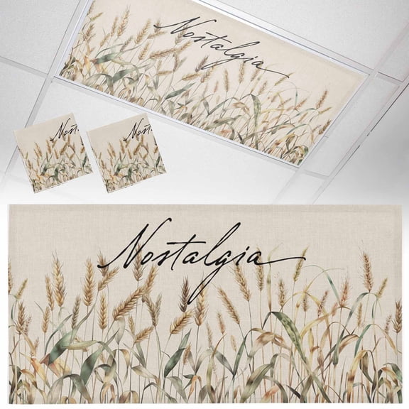 2 Pack Retro Fall Fluorescent Light Covers for Ceiling Lights Simple Wheat Hand Painting Nostalgia Linen Magnetic Ceiling Light Covers Overhead Light Filters for Office Classroom Home