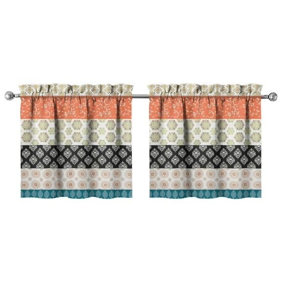 2 Pack Retro Geometric Kitchen Curtains 27.5x24 Inch, Semi-Sheer Plaid Tier Curtains, Boho Chic Design for Small Windows