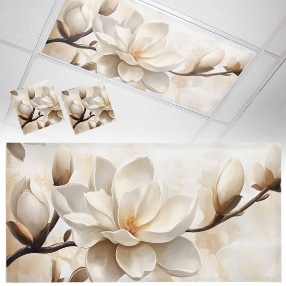 2 Pack Retro Magnolia Fluorescent Light Covers for Ceiling Lights White Floral Vintage Pastoral Style Magnetic Ceiling Light Covers Overhead Light Filters for Office Classroom Home
