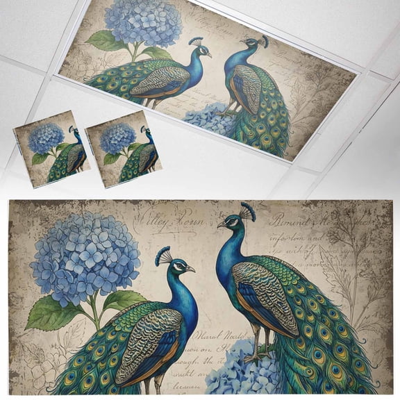 2 Pack Retro Peacock Fluorescent Light Covers for Ceiling Lights Blue Hydrangea Watercolor Vintage Magnetic Ceiling Light Covers Overhead Light Filters for Office Classroom Home