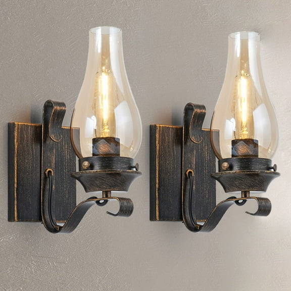 2 Pack Retro Rustic Wall Lamp, Oil Rubbed Bronze Hardwired Indoor Wall Lights with Amber Glass Shade for Bedroom, Living Room, Porch, No Bulbs