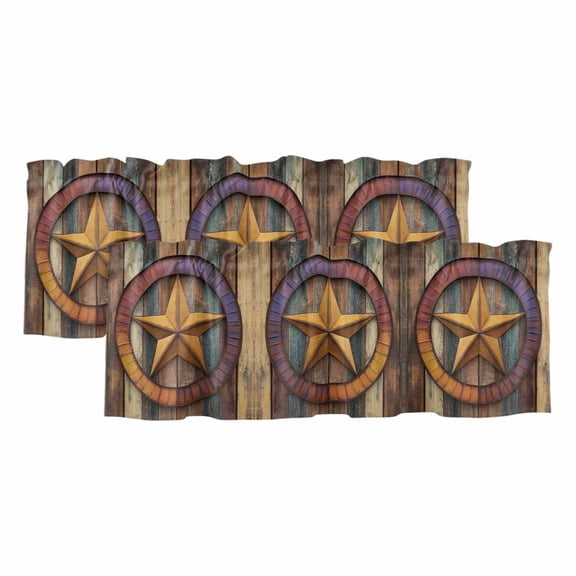 2 Pack Retro Star Valance for Window Abstract Metal Stars Gradient Circle Wood Grain Kitchen Valance Rod Pocket Short Curtain Topper Decorative Window Treatment for Living Room Bedroom 42"x12"