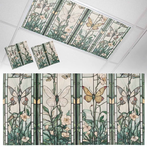 2 Pack Retro Window Flowering Fluorescent Light Covers for Ceiling Lights Green Floral Leaf Butterflies Magnetic Ceiling Light Covers Overhead Light Filters for Office Classroom Home
