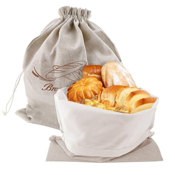 2 Pack Reusable Bread Bag, Linen Bread Storage Bag Container with TPU Liner & Drawstring, Plastic Liner Bread Keepers for Homemade Sourdough Baking Supplies (20" x 14.1")