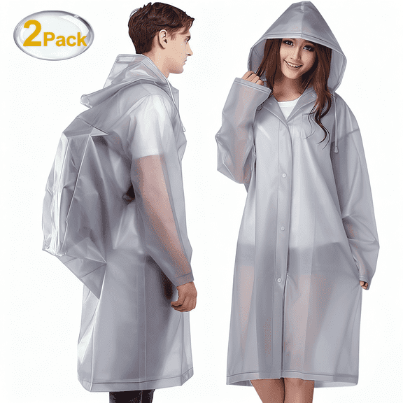 2-Pack Reusable EVA Rain Ponchos for Adults - Waterproof Raincoat with Adjustable Hood & Drawstring Hem, Lightweight Compact Emergency Unisex Rain Jacket for Men Women, Gray