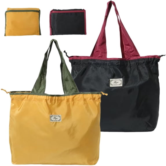 2 Pack Reusable Grocery Bags, Washable Shopping Totes Fit in Pocket, Foldable Drawstring Lightweight Grocery Bag for Shopping, Black + Yellow