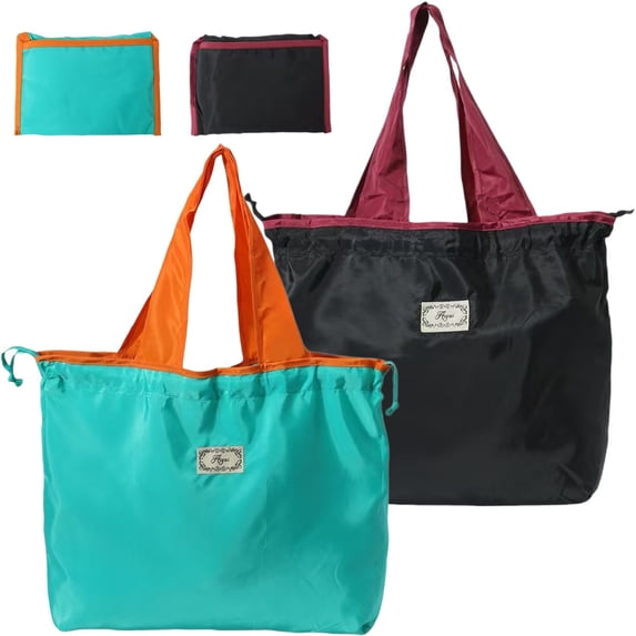 2 Pack Reusable Grocery Bags, Washable Shopping Totes Fit in Pocket, Foldable Drawstring Lightweight Grocery Bag for Shopping, Black + Blue