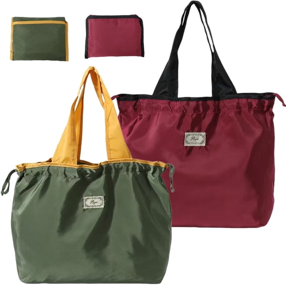 2 Pack Reusable Grocery Bags, Washable Shopping Totes Fit in Pocket, Foldable Drawstring Lightweight Grocery Bag for Shopping