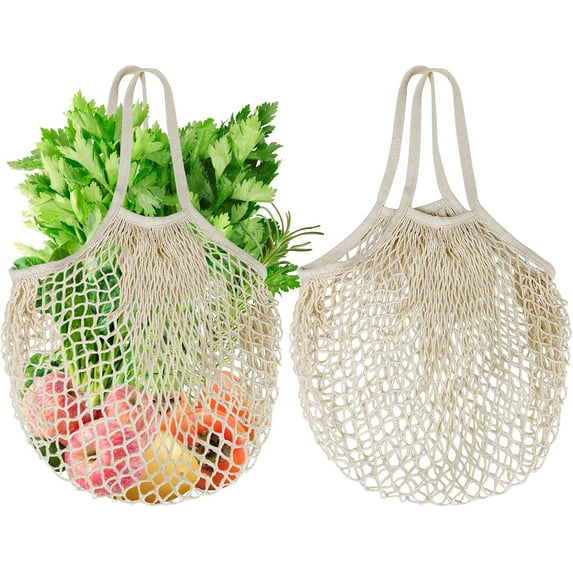 2-Pack Reusable Mesh Grocery Bags, 100% Cotton String, Reusable Shopping Bags Long Handle Produce Bags, Fruit & Veggie Storage