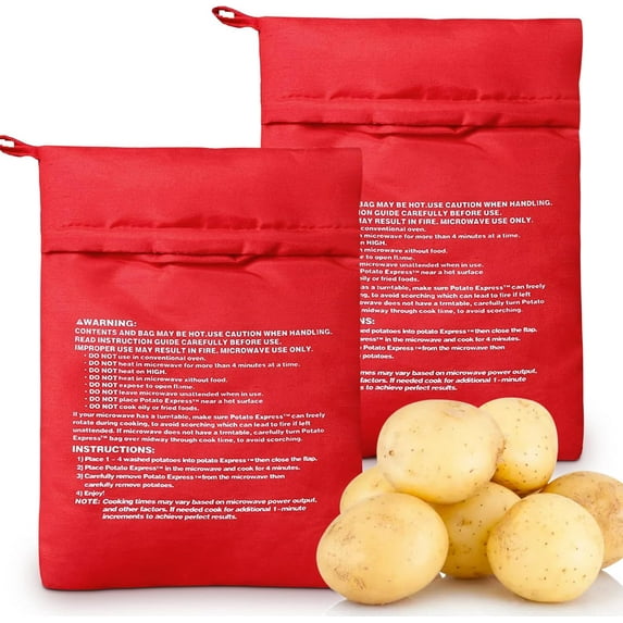 2 Pack Reusable Microwave Potato Bag, Baked Potato Cooker in Minutes, Washable Pouch for Corn on the Cob, Tortillas & More, Kitchen Gadgets, Red