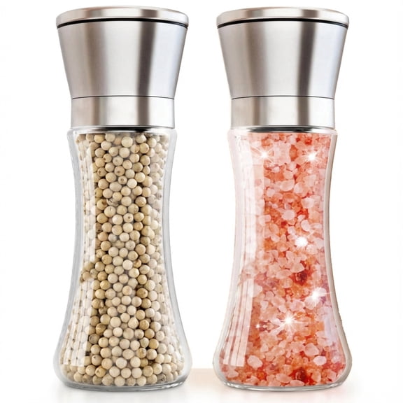 2-Pack Reusable Salt & Pepper Grinder Set, Stainless Steel & Clear Glass Mills with Adjustable Fine-to-Coarse Grind, Ideal for Whole Spices & Seasonings