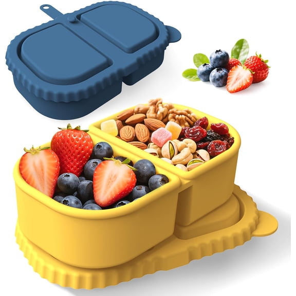 2 Pack Reusable Silicone Snack Containers with Lids, Meal Prep Containers 2 Compartments, Dark Blue & Yellow Portable Silicone Food Storage Box for Picnic, Lunch, Office, Travel