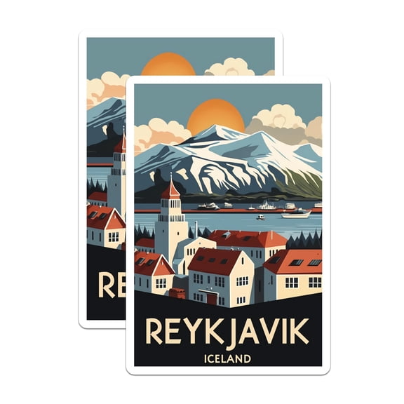 (2 Pack) Reykjavik Iceland Magnets - Iconic Nordic Travel Souvenir - Mountain Lake Townscape Art Decoration - 5 Inches On Longest Side - Thick Durable Magnet - Made in USA - MAG19023