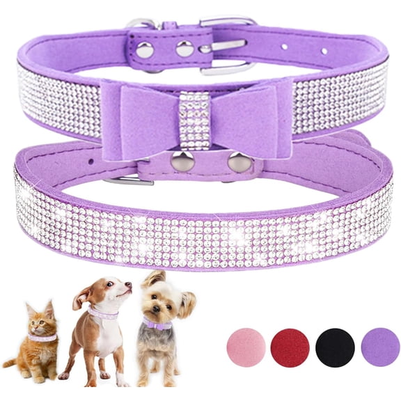 2-Pack Rhinestone Cat Collar Soft Suede Glitter Diamond Jewelry Crystal Girl Puppy Collar with Bow for XXS XS Small Medium Female Dogs & Kitten
