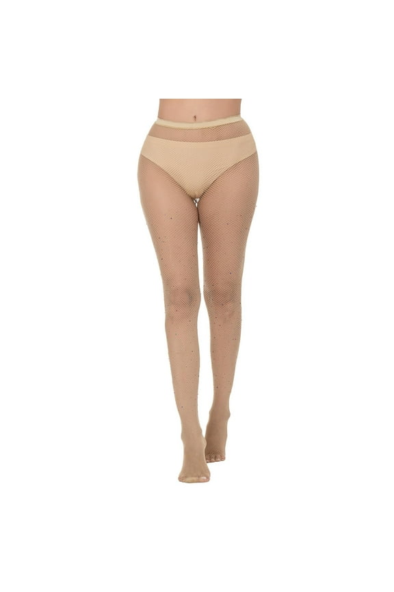 2 Pack Rhinestone Fishnet Pantyhose Thin Acrylic Cutout Stylish Tights Beige One Size