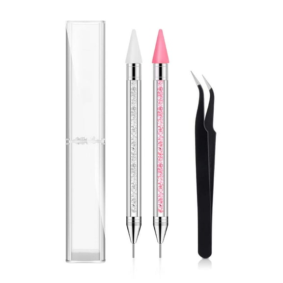 2 Pack Rhinestone Picker Dotting Pen, Dual-Ended Diamond Painting Wax Pencil Gems Crystals Picker Pen Nail Art DIY Decoration Tool with 1PCS Tweezer