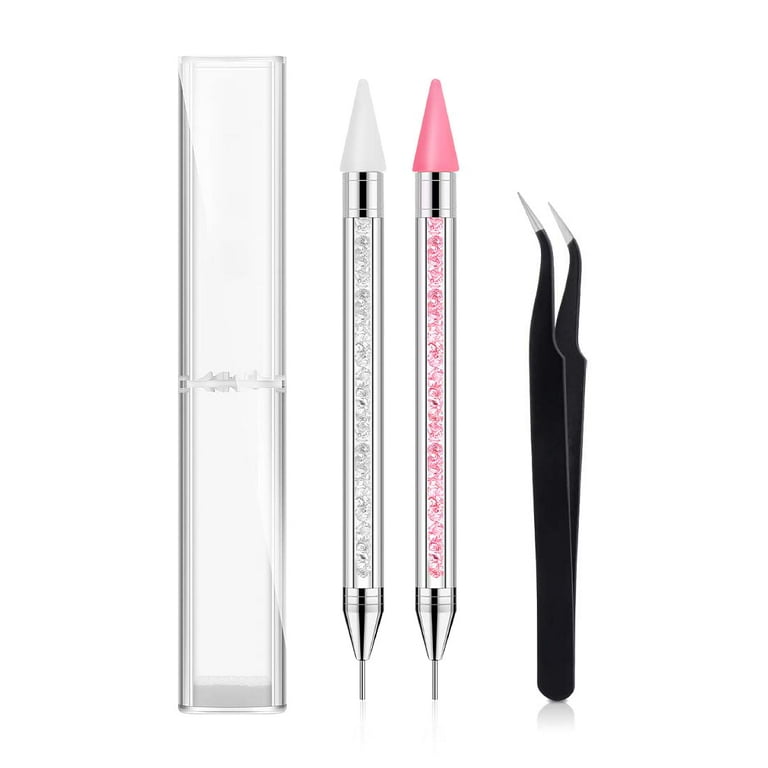 2 Pack Rhinestone Picker Dotting Pen, Dual-Ended Diamond Painting Wax Pencil  Gems Crystals Picker Pen Nail Art DIY Decoration Tool with 1PCS Tweezer 