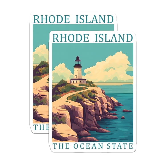 (2 Pack) Rhode Island Stickers - Ocean State - Lighthouse Art - 5" On Longest Side - Sticks to Smooth Flat Surfaces - Made in USA - BMCS17673
