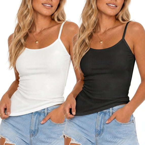 2 Pack Ribbed Spaghetti Strap Tank Tops for Women, Scoop Neck Slim Fit Basic Camisoles Soft Stretchy Layering Shirts