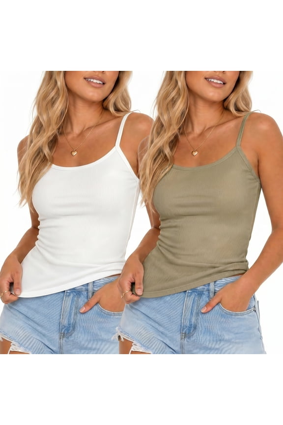 2 Pack Ribbed Spaghetti Strap Tank Tops for Women, Scoop Neck Slim Fit Basic Camisoles Soft Stretchy Layering Shirts