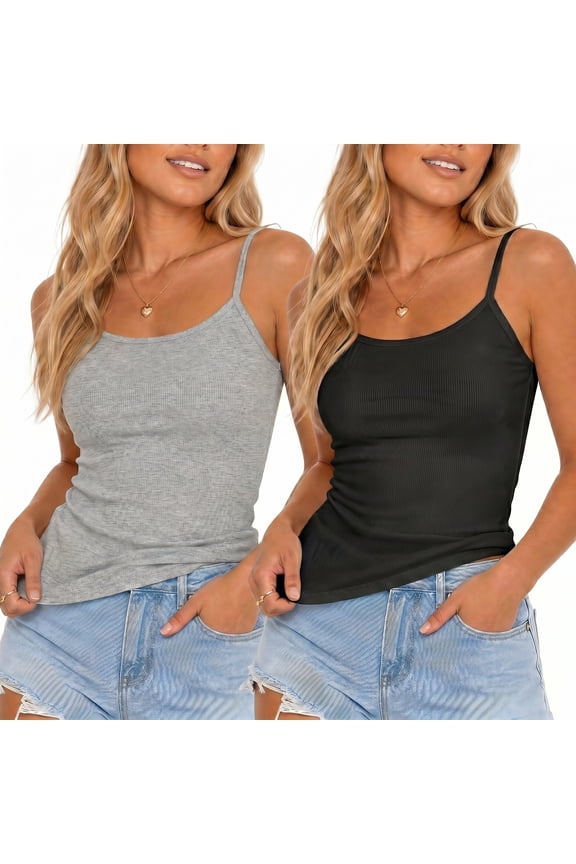 2 Pack Ribbed Spaghetti Strap Tank Tops for Women, Scoop Neck Slim Fit Basic Camisoles Soft Stretchy Layering Shirts