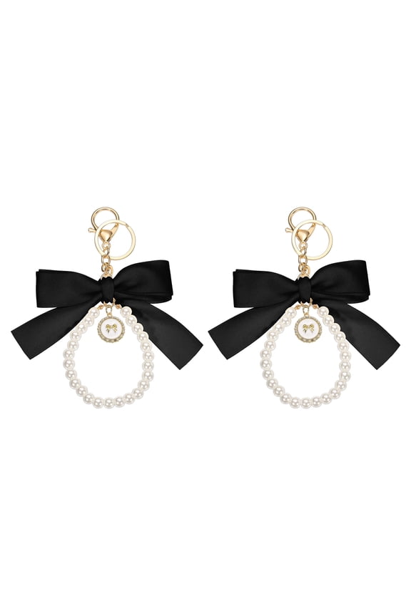 2 Pack Ribbon Bow Keychain, Cute Pearl Wristlet Keychain, Bag Accessories Bow Charm, Black