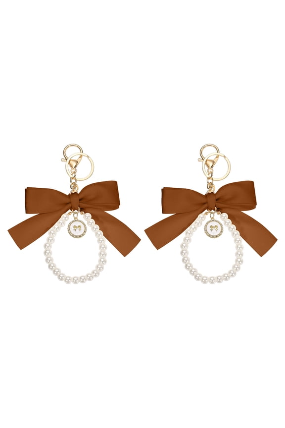2 Pack Ribbon Bow Keychain, Cute Pearl Wristlet Keychain, Bag Accessories Bow Charm, Bronze Gold