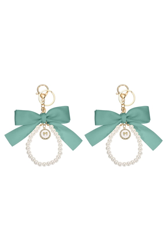 2 Pack Ribbon Bow Keychain, Cute Pearl Wristlet Keychain, Bag Accessories Bow Charm, Gray-Green
