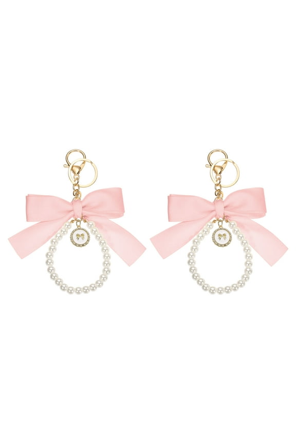 2 Pack Ribbon Bow Keychain, Cute Pearl Wristlet Keychain, Bag Accessories Bow Charm, Light Pink