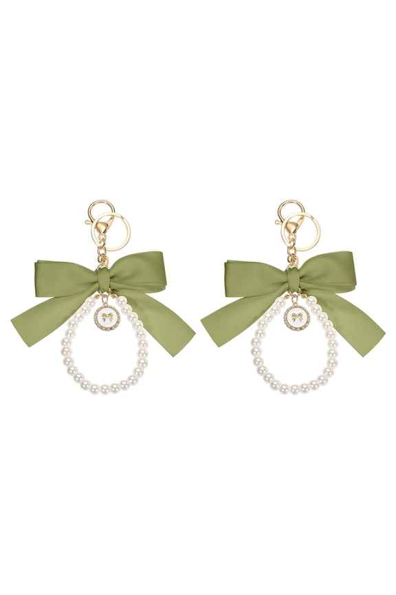 2 Pack Ribbon Bow Keychain, Cute Pearl Wristlet Keychain, Bag Accessories Bow Charm, Mustard Green