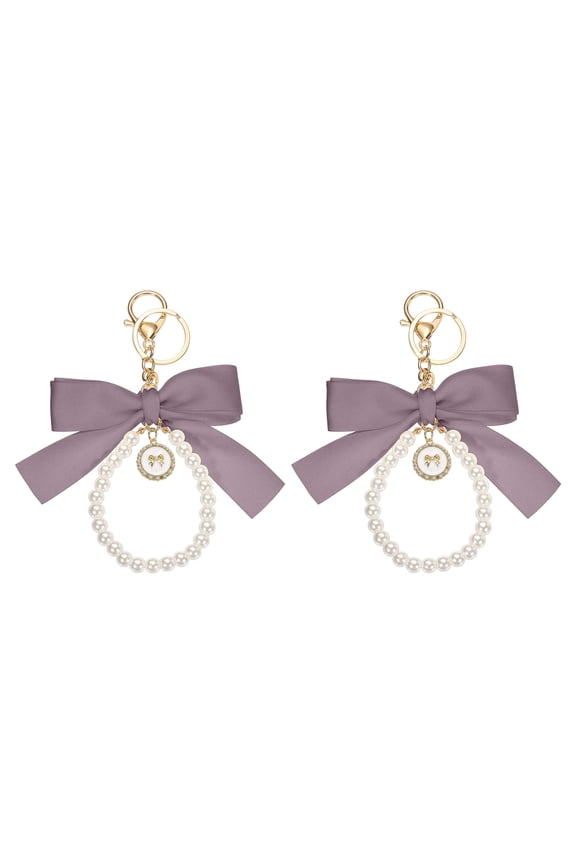 2 Pack Ribbon Bow Keychain, Cute Pearl Wristlet Keychain, Bag Accessories Bow Charm, Purple