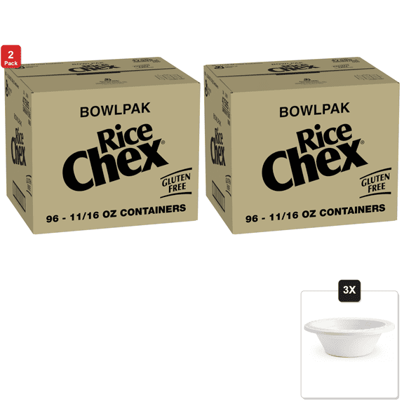 2 Pack | Rice Chex Cereal Single Serve Bowlpak (96 Count) .688 oz & 3x 12oz Disposable Plastic Bowl