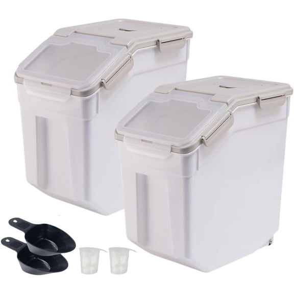 2 Pack Rice Storage Container 25 lbs, Airtight Flour Storage Containers with Lid and Wheels, Measuring Cup & Scoop, BPA Free, Bulk Food Dispenser for Sugar, Grain, Cereal - Pet Food Bin (Grey)