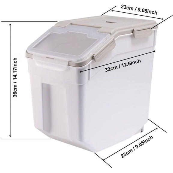 2 Pack Rice Storage Container 25 lbs, Airtight Flour Storage Containers with Lid and Wheels, Measuring Cup & Scoop, , Bulk Food Dispenser for Sugar, Grain, Cereal - Pet Food Bin (Grey)