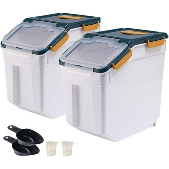 2 Pack Rice Storage Container 25 lbs, Airtight Flour Storage Containers with Wheels Seal Locking Lid, BPA Free, Rice Bin with Measuring Cup & Scoop for Flour, Sugar, Cereal (Blue)