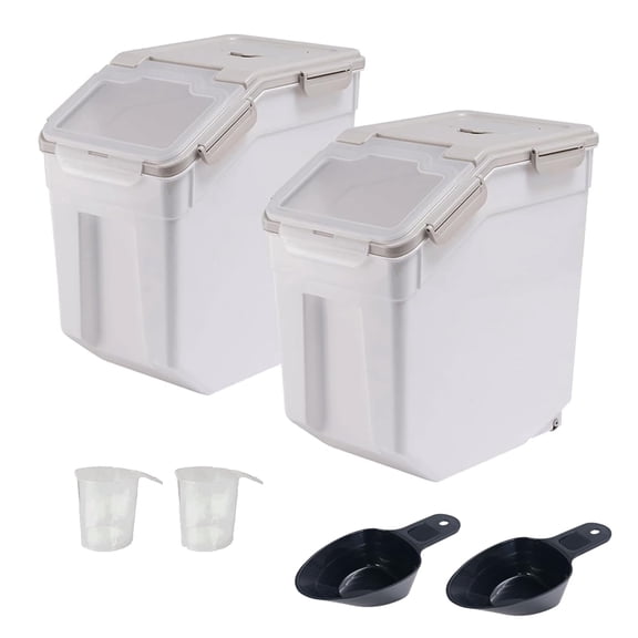 2 Pack Rice Storcontainer With Measuring Cup 50 Lb Flour Wheels Food Dog Cat Bin Set For Dry Sugar Cereal(gray)