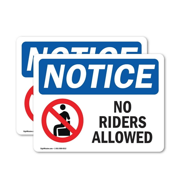 (2 Pack) No Riders Allowed Sign With Symbol OSHA Notice Sign 14 Inch X 10 Inch Vinyl Label Decal Sticker Weather Resistant, UV Protected for Workplace, Business, and Construction Site,