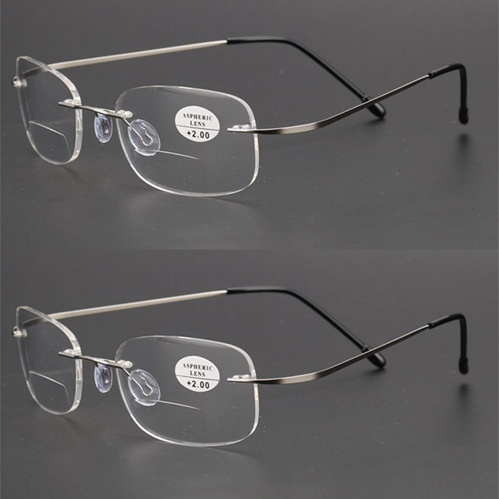 2 Pack Rimless Bifocal Reading Glasses Metal Flexible Rectangle Readers
