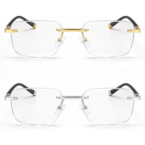 2 Pack Rimless Reading Glasses Men Women Metal Frame Lightweight Square Readers Office Home
