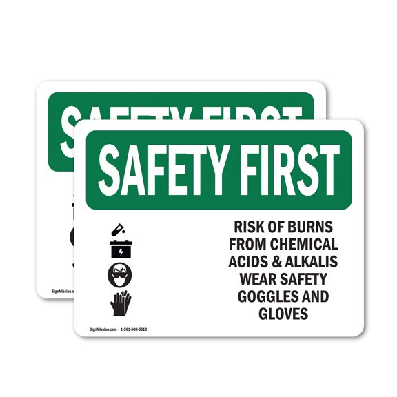 (2 Pack) Risk Of Burns From Chemical With Symbol OSHA Safety First Sign
