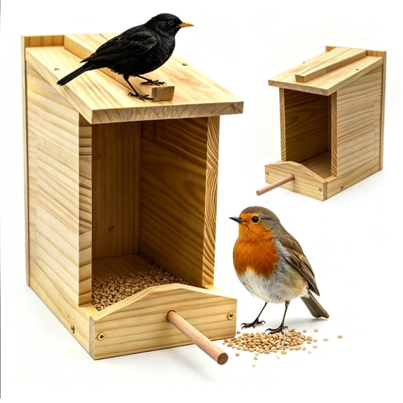 2-Pack Robin Nesting Box with Feeding Tray – Handcrafted Solid Wood Open Bird House, Attracts Robins, Blackbirds & Finches, Predator Guard, Easy-to-Mount for Backyard, Garden, Patio